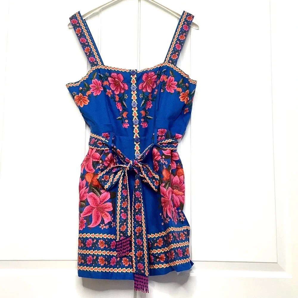 FARM RIO Blue Summer Fruit Scarf Romper
 FloraL Square Neck Wide Straps Beading - Picture 11 of 16